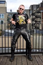 Men&#39;s Black Cowhide Genuine Leather Custom Size Jeans Thigh fit Luxury P... - $123.43