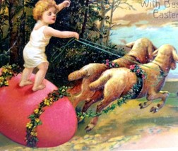 Easter Postcard Fantasy Child Lamb Egg Buggy Embossed Vintage 5837 PF Germany - £24.56 GBP