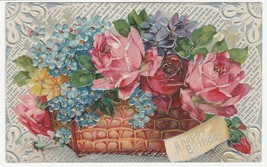 Vintage Postcard Birthday Basket of Flowers 1911 Silver Trim Embossed - £5.43 GBP