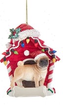 Cute PUG FAWN in Red Dog House Resin Xmas Ornament - £9.58 GBP