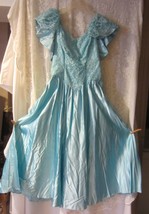 VINTAGE baby blue satin and lace 1980&#39;s prom dress - £60.36 GBP