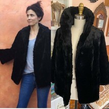 VTG Real Rabbit Fur Jacket Sz M L 50&#39;s 60&#39;s black Hollywood Glamour Pinup - £99.52 GBP