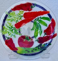 Peggy Karr Fused Glass Vegetables Round Bowl 8 1/2&quot; Carrot Tomato Peppers Peas - £16.78 GBP