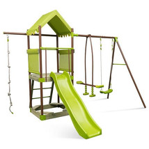 7-in-1 Kids Outdoor Metal Playset with Wave Slide and Climbing Rope-Gree... - $698.65