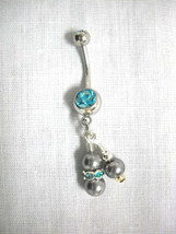 Elegant Dbl Gray Beads W Turquoise Blue Crystals &amp; Silver Accents 14g Belly Ring - £5.58 GBP