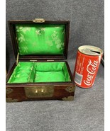 Vintage Shanghai China Wood Jewelry Box Carved Jade Medallion Brass Deco... - $35.64