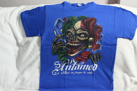 JOKER SKULL SKELETON SMOKING UNTAMED AQUI SE JUEGA LA VIDA BLUE T-SHIRT - $10.40