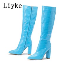 Spring Autumn Motorcycle Women Pointed Toe Zip Knee High Boots Fashion Pink Snak - £59.77 GBP