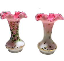 2 Fenton 1940s Vase Peach Crest Ruffled Rim Charleton  Rose And Bow  442... - $118.79