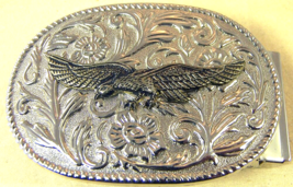 Western Belt Buckle Eagle on Tooled Leather-Style Design Silver Metal 3.5 x 2.5&quot; - £15.55 GBP