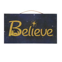 NEW Believe wood wall hanging sign plaque w/ nativity scene 14 x 8 inches - £10.32 GBP