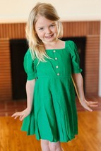 Kids Adorable Green Button Square Neck Ruche Back Dress - £13.36 GBP