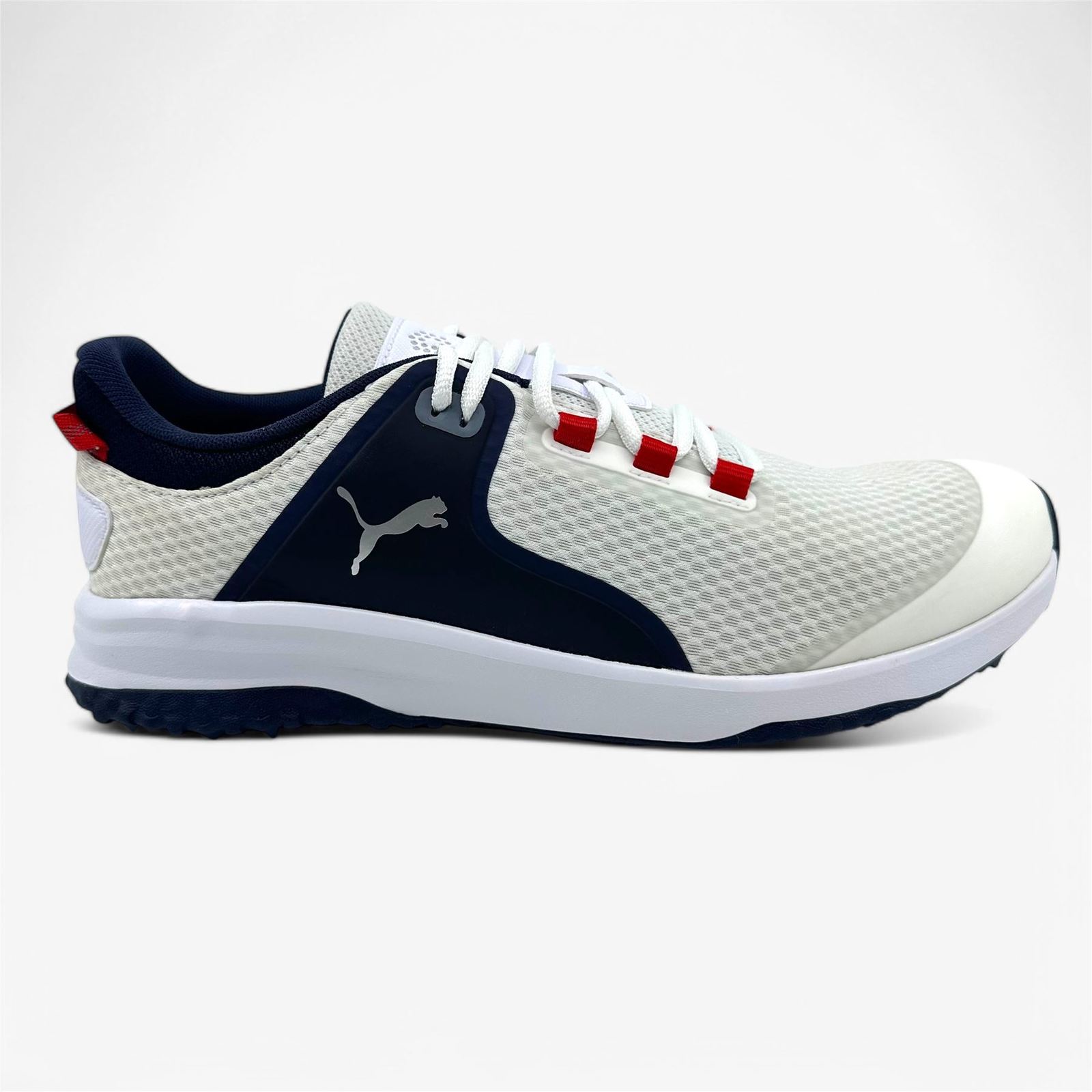 PUMA Fusion Grip White Silver Navy Mens Extra Wide Spikeless Golf Shoes - $74.95