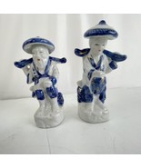 Chinese Asian Figurine Couple Man &amp; Woman Blue White &amp; Gold 6 inch Tall - $293.62 MXN