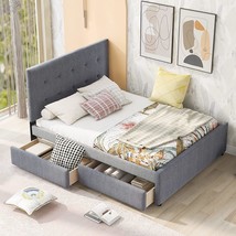 Dnyn Upholstered Queen Size Platform Bed With Storage Drawers,Linen Fabric, Gray - £295.67 GBP