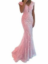 Women V Neck Sheer Beaded Lace Tulle Long Mermaid Evening Prom Dress Pink US 16 - £104.49 GBP
