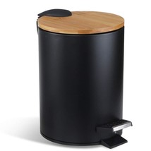 Round Metal Trash Can With Bamboo Lid And Pedal 5 Liter Garbage Containe... - £46.28 GBP