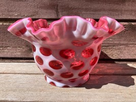 FENTON CRANBERRY OPALESCENT COIN DOT 4&quot; FITTER RUFFLED LAMP SHADE - £118.00 GBP