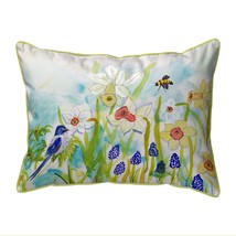 Betsy Drake Bird &amp; Daffodils Large Indoor Outdoor Pillow 18x18 - £37.59 GBP