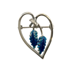 Vtg Sterling Silver Signed Boma Heart with Leaves Hanging Modern Brooch Pendant - $39.60