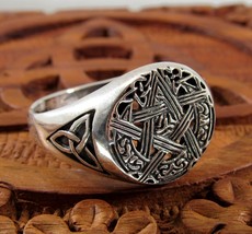 Solid 925 Sterling Silver Men&#39;s Celtic Pentagram &amp; Trinity Knot Ring Size 10-14 - £31.34 GBP