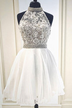 High Neck White Short Prom Dresses Homecoming Dress with Handmade Flowers - $179.99
