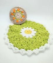 New Handmade Crotchet Cotton Dish Cloth  Scrubby Sponge Set Floral Green Tan  - £8.32 GBP