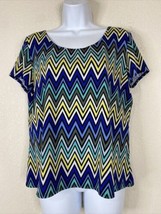 Notations Womens Size L Blue/Yellow Zigzag Striped Stretch Blouse Short Sleeve - £6.04 GBP