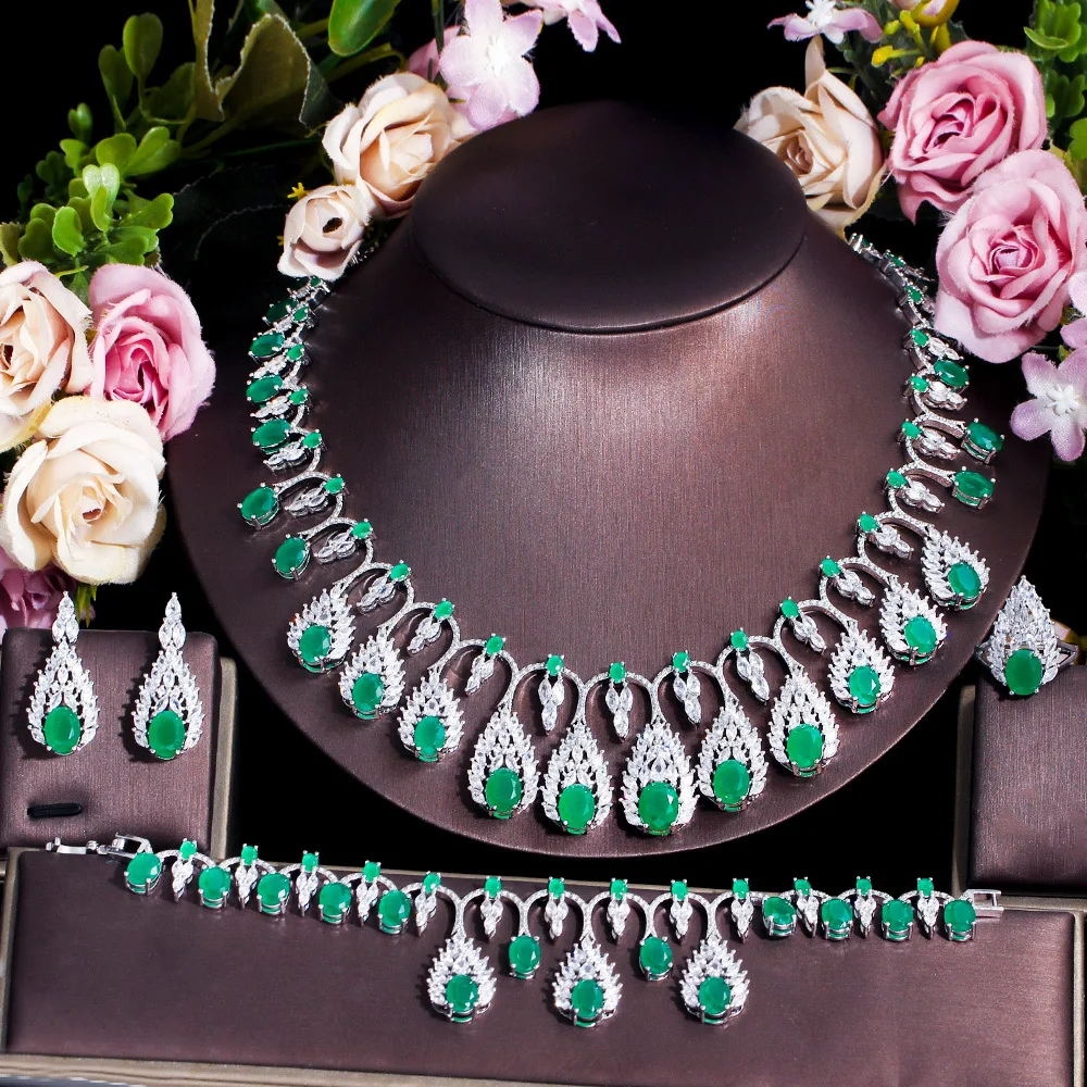 4pcs Luxury Tassel Drop Green Cubic Zirconia Big Wedding Necklace Expensive Duba - £95.09 GBP