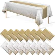 16Pack Disposable Plastic Tablecloths and Satin Table Runner Set White and Gold  - £29.47 GBP