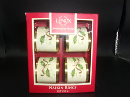 Lenox Nouveau Holly Holiday Gold Trim Napkin Rings in Original Box Chris... - $14.39