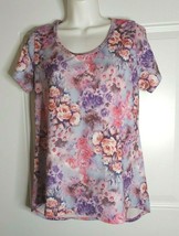 LuLaRoe Scoop Neck Pink Purple Floral Short Sleeve High Low Hem Tunic Top Small - £7.63 GBP