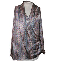 Multicolor Satin Long Sleeve Wrap Blouse Size 16 - £19.84 GBP