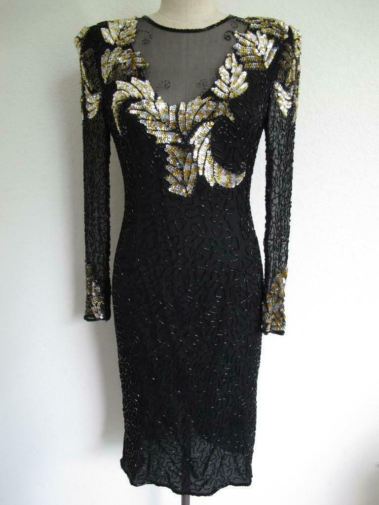 Primary image for Vintage Scala Silk Sequin Trophy Dress S XS Black Silver Gold Cut Out Back Glam