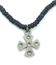 VTG Bob Siemon Designs Brown Coconut Heishe Pewter Maltese Cross Necklace - £12.63 GBP