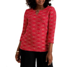 JM Collection Women Petite PS Red Metallic 3/4 Sleeve Keyhole Jacquard Top NWT - £12.73 GBP