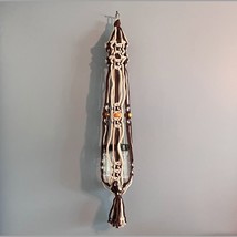 Medium 38&quot; Handmade Macrame Brown Beige Boho 1 Plant Hanger Wood Beads Vintage - £19.42 GBP