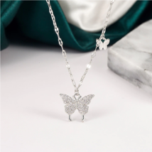 925 Silver/Gold Plated Zirconia Double Butterfly Pendant Choker Necklace - £10.44 GBP