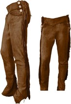 Men&#39;s American Western Wear Soft Buckskin Ragged Leather Pants with Frin... - $88.77+