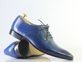 Handmade Men Blue Leather Wing Tip Brogue Shoes, Men Dress Formal Designer Shoes - £115.89 GBP+