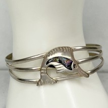 Vintage Abalone Shell Inlay Fish Silver Tone Cuff Bracelet - £19.38 GBP