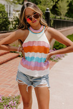 Multicolour Wavy Striped Print Textured Knit Sleeveless Sweater Top - $229.81 MXN