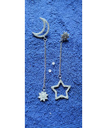 New Moon And Stars Rope Pierced Earrings &quot;Silver Tone&quot; Collectible Decor... - £11.87 GBP