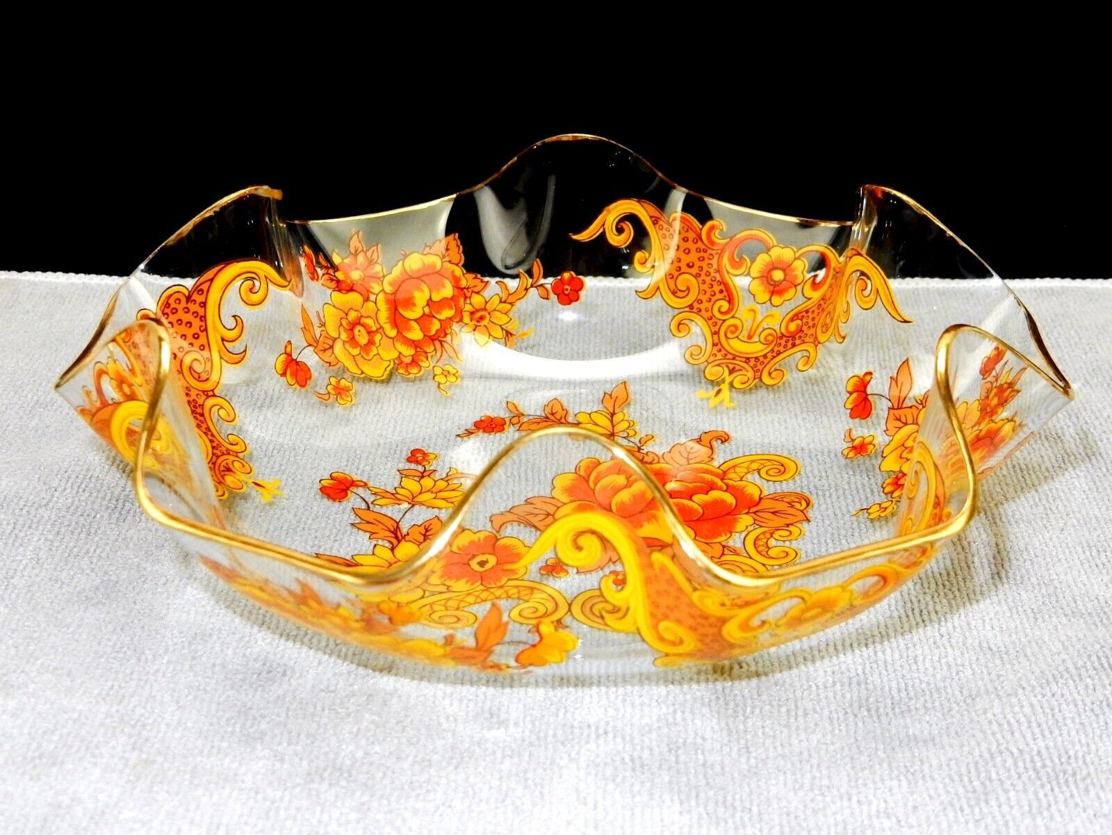 Primary image for Clear Glass Candy Dish, Wide Ruffled Rim w/Gold Trim, Orange Floral & Scrolls