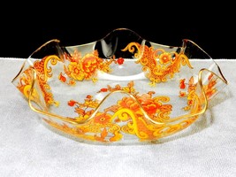 Clear Glass Candy Dish, Wide Ruffled Rim w/Gold Trim, Orange Floral &amp; Sc... - £15.62 GBP