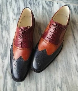 Handmade Men’s Navy & Tan Brown Leather Shoes, Men Wing Tip Brogue Dress Shoes