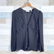 A.L.C. 100% Silk Crepe Tulip Hem Peplum Blouse Black Semi Sheer V Neck W... - $74.24