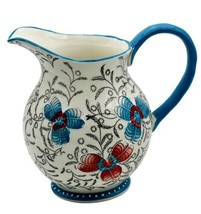 Dutch Wax Floral Pitcher Blue Red Flowers Handpainted Ceramic Coastline Imports - £18.38 GBP