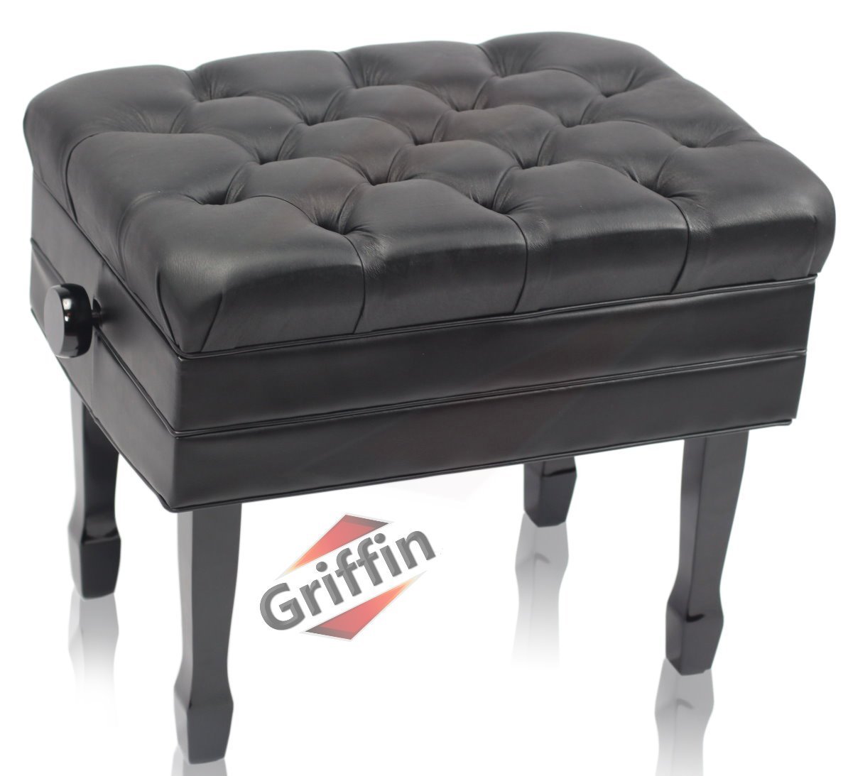 Genuine Leather Adjustable Piano Bench by GRIFFIN - Black Solid Wood Vintage Sty