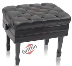 Genuine Leather Adjustable Piano Bench by GRIFFIN - Black Solid Wood Vin... - $253.00